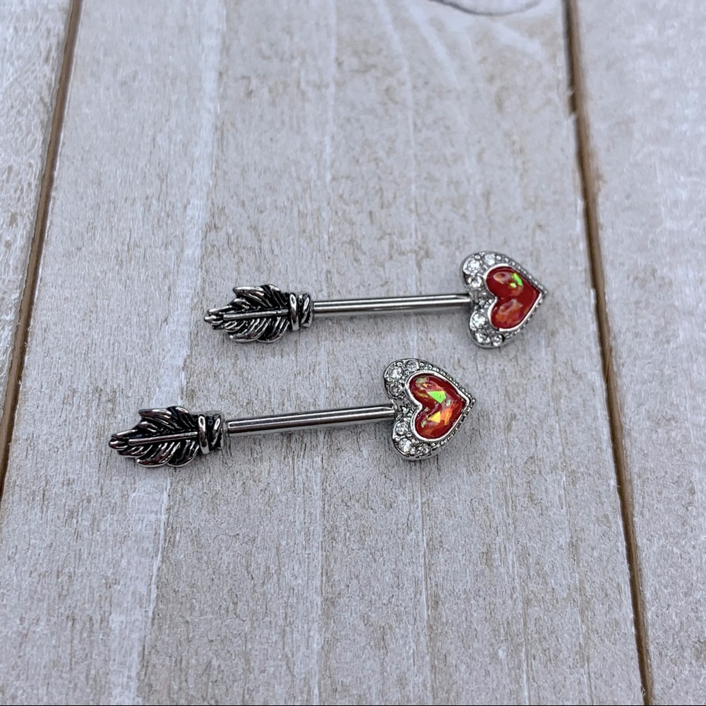 RED OPAL HEART ARROW NIPPLE RINGS BARBELLS NEW - Picture 1 of 1